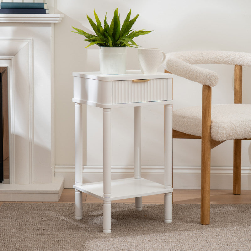 White Side Table with Ribbed Drawer