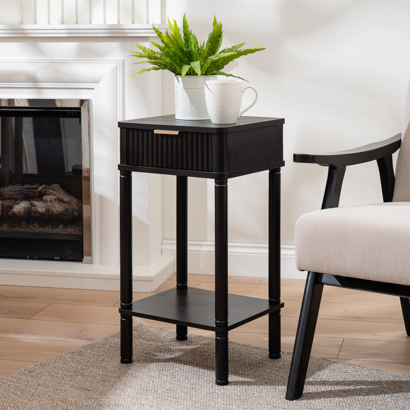 Black Side Table with Ribbed Drawer