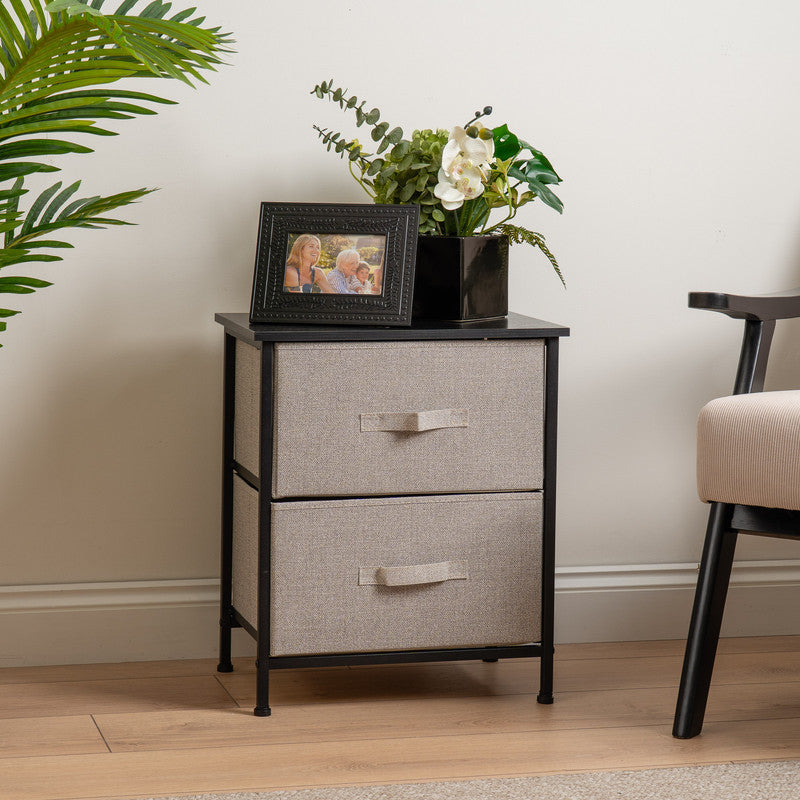 2 Drawer Black Cabinet with Beige Fabric Drawers