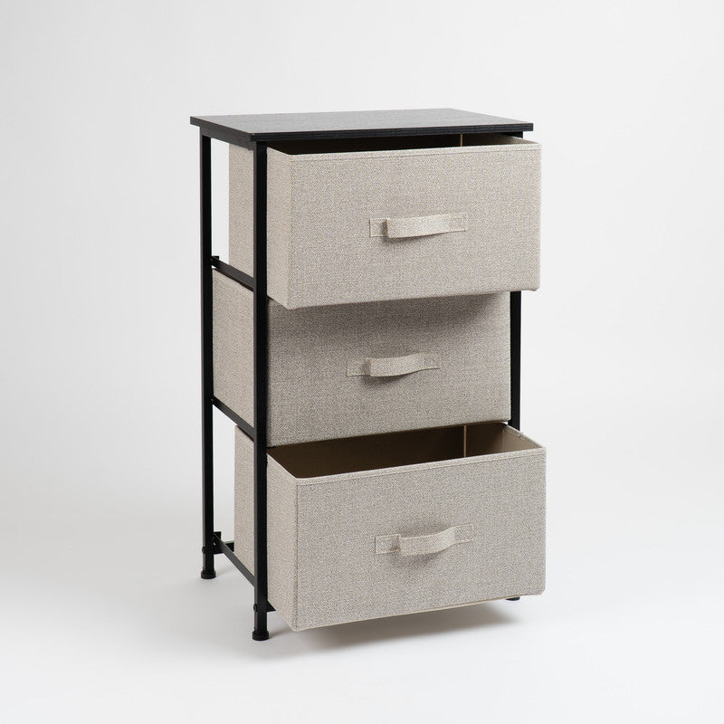 3 Drawer Black Cabinet with Beige Fabric Drawers
