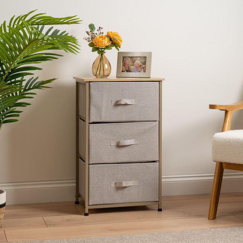 3 Drawer Beige Cabinet with Beige Fabric Drawers