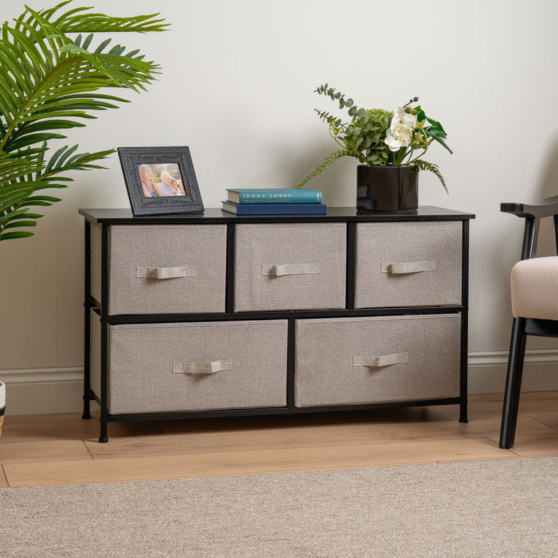5 Drawer Black Cabinet with Beige Fabric Drawers