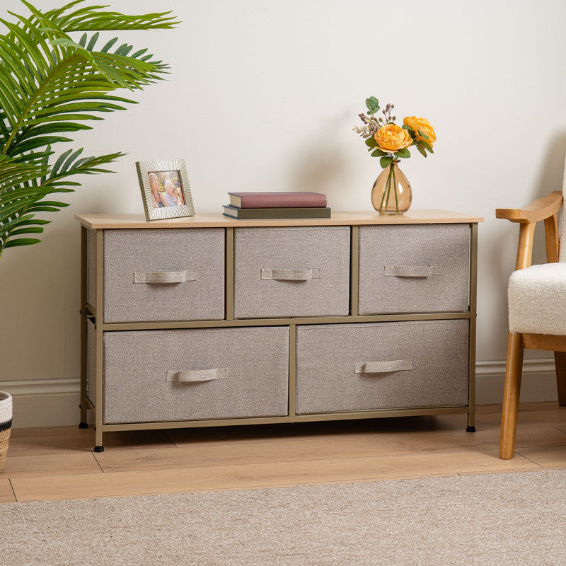 5 Drawer Beige Cabinet with Beige Fabric Drawers