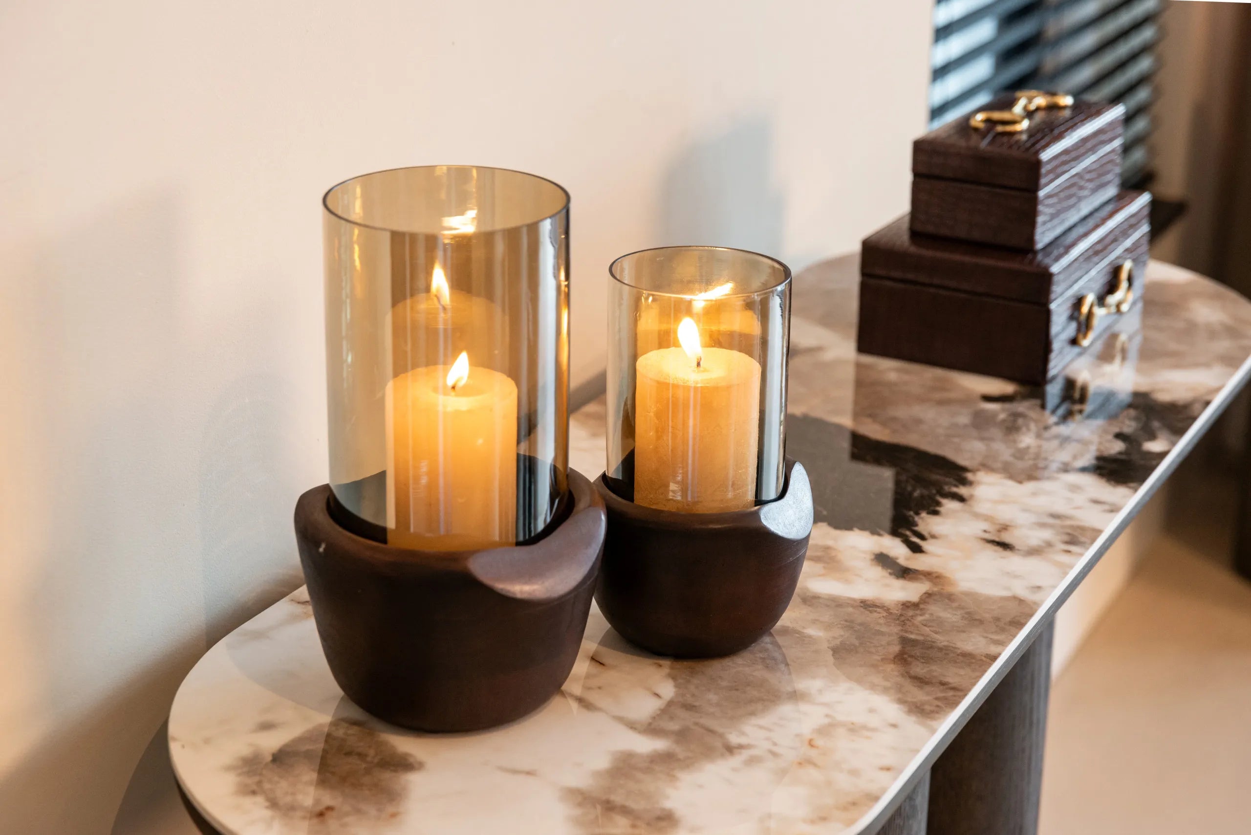 Richmond Interiors Sloane Walnut Brown Wood & Glass Hurricane Candle Holder Large
