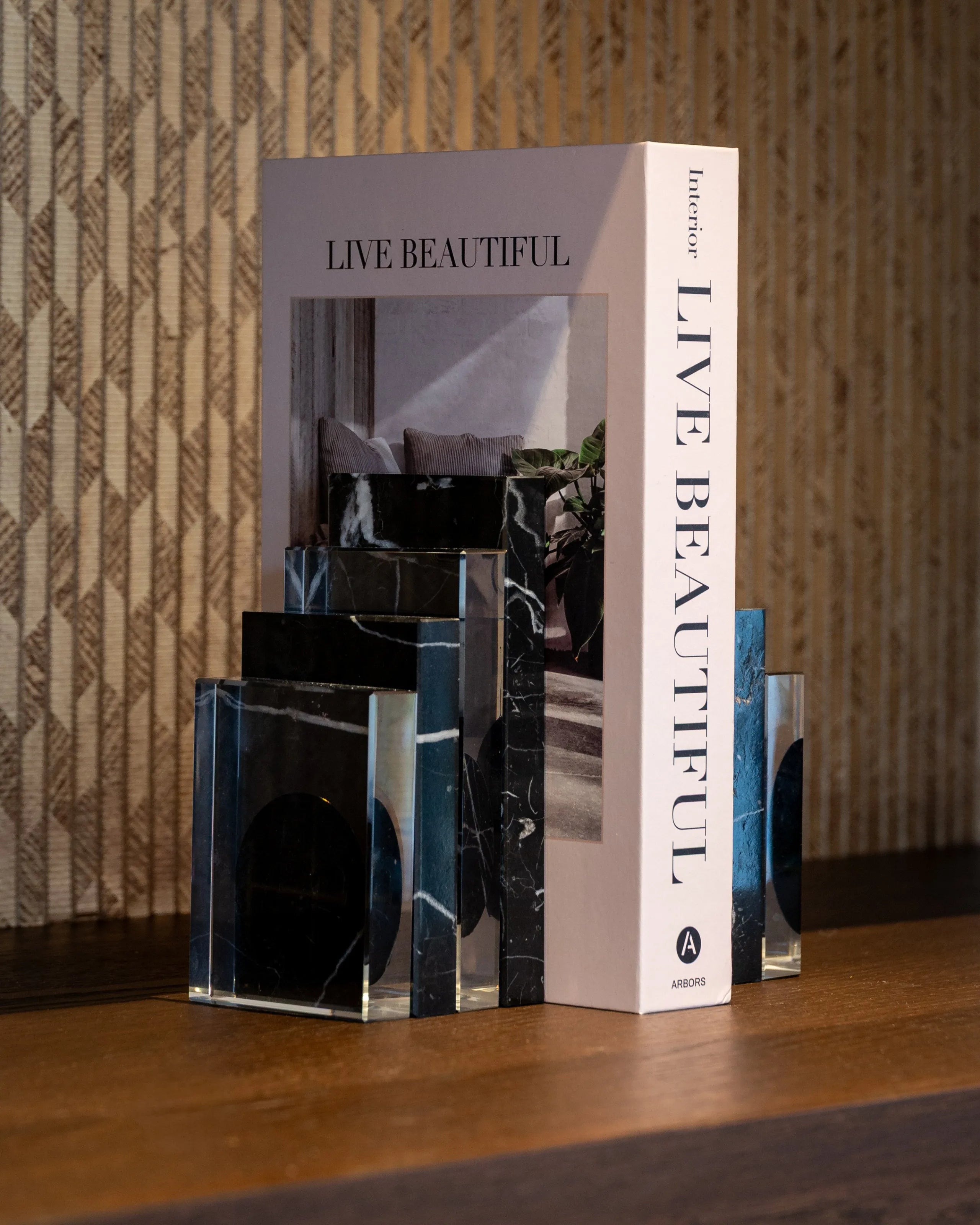 Richmond Interiors Fancy Clear Glass & Black Marble Bookstands
