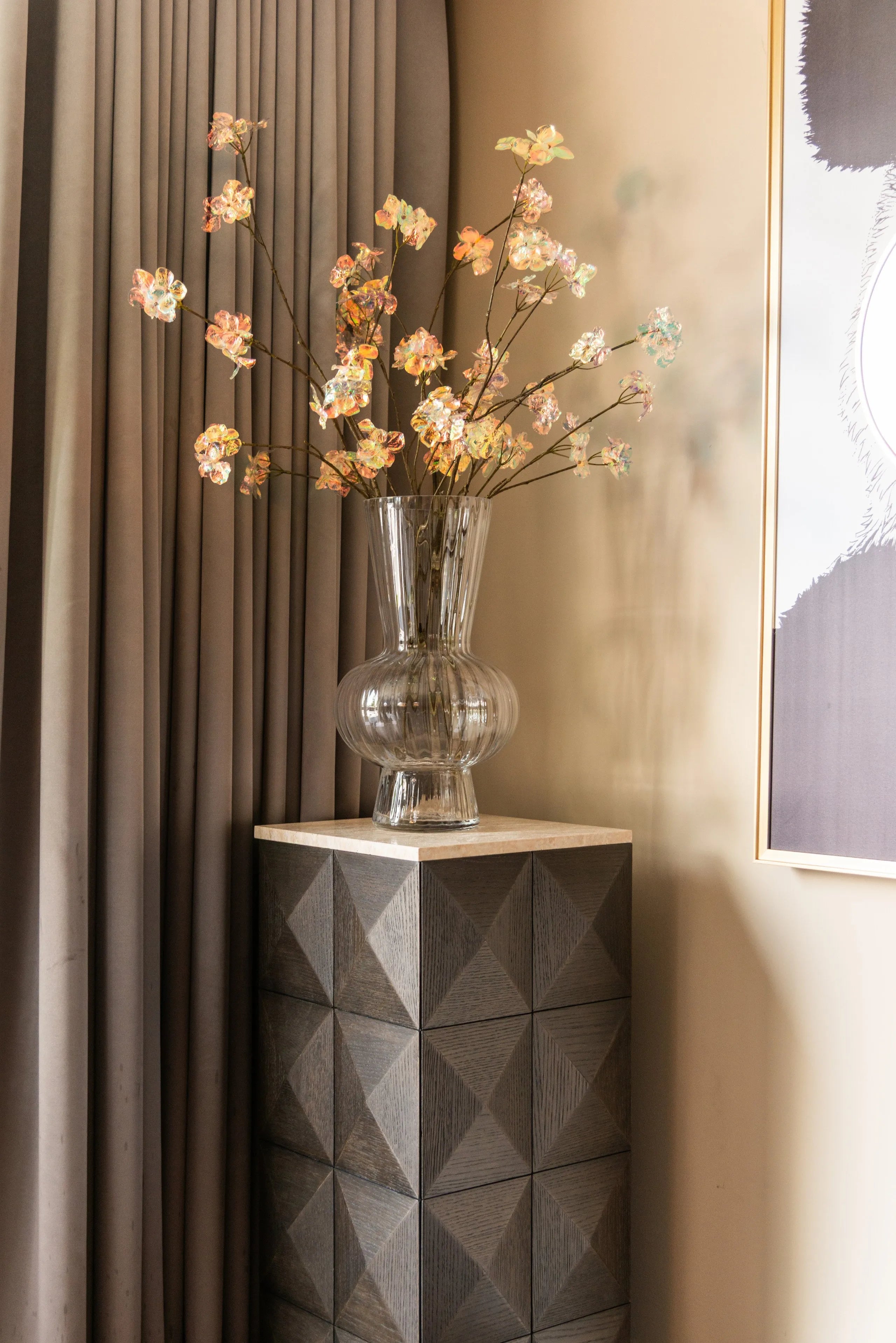 Richmond Interiors Claremont Brown Oak Wood & Stone Column Side Table