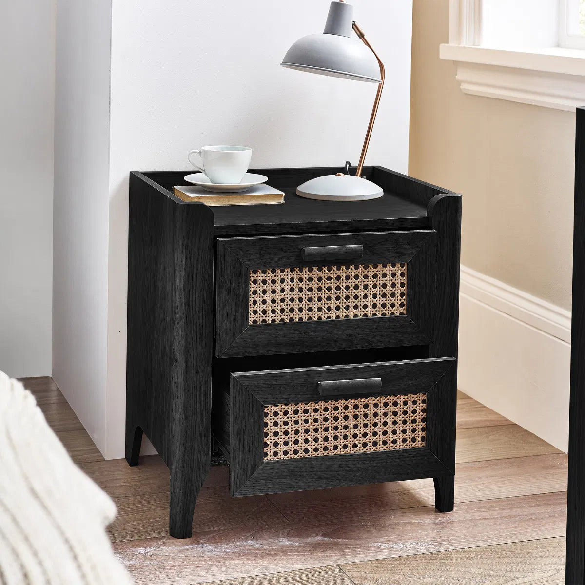 Asbury Wood Bedside Table | 2 Drawers - Black Ash