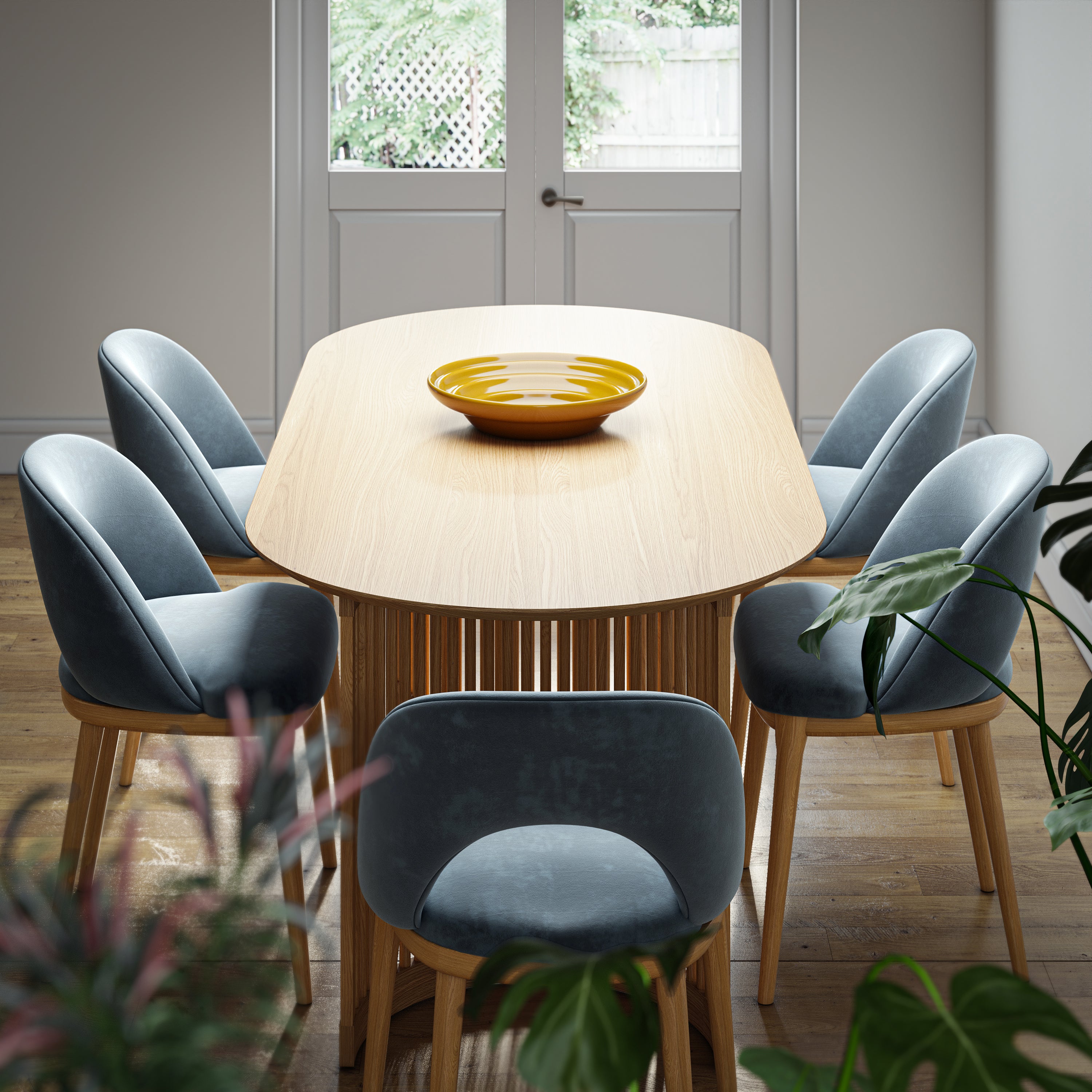 Set of 2 Arden Smokey Blue Velvet & Natural Wood Dining Chairs