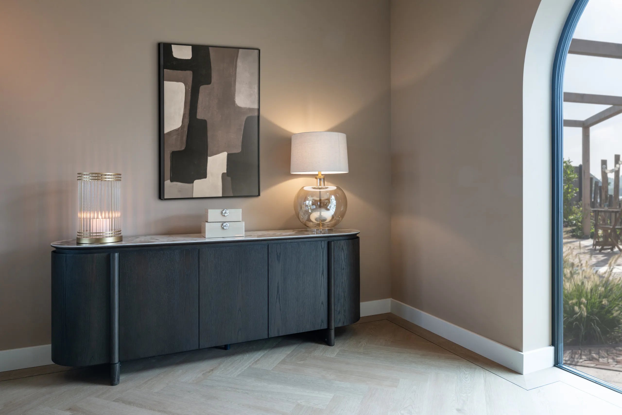 Richmond Interiors Langford Brown Oak Wood & Ceramic Top Sideboard