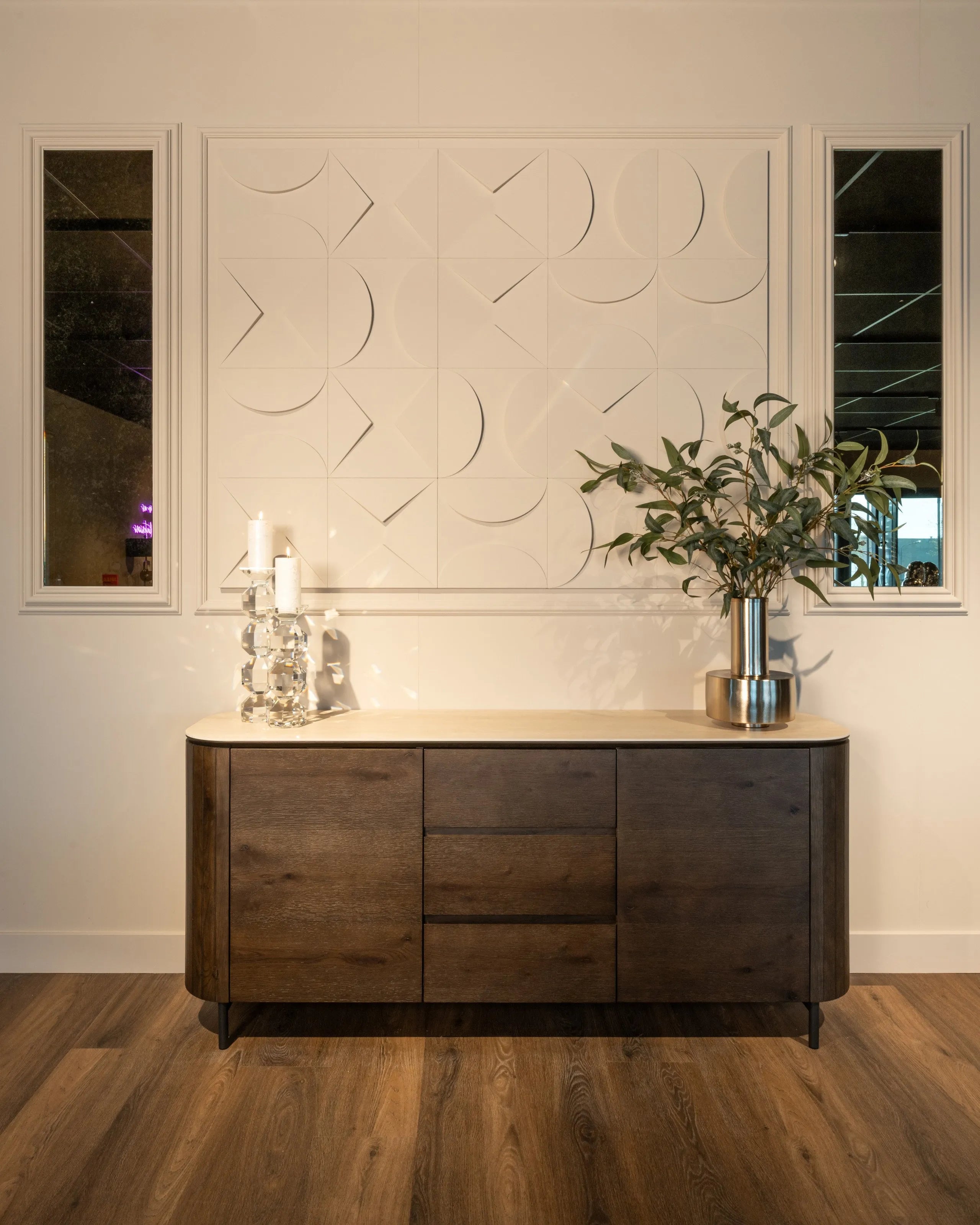 Richmond Interiors Ritz Brown Oak Wood & Beige Travertine Sideboard