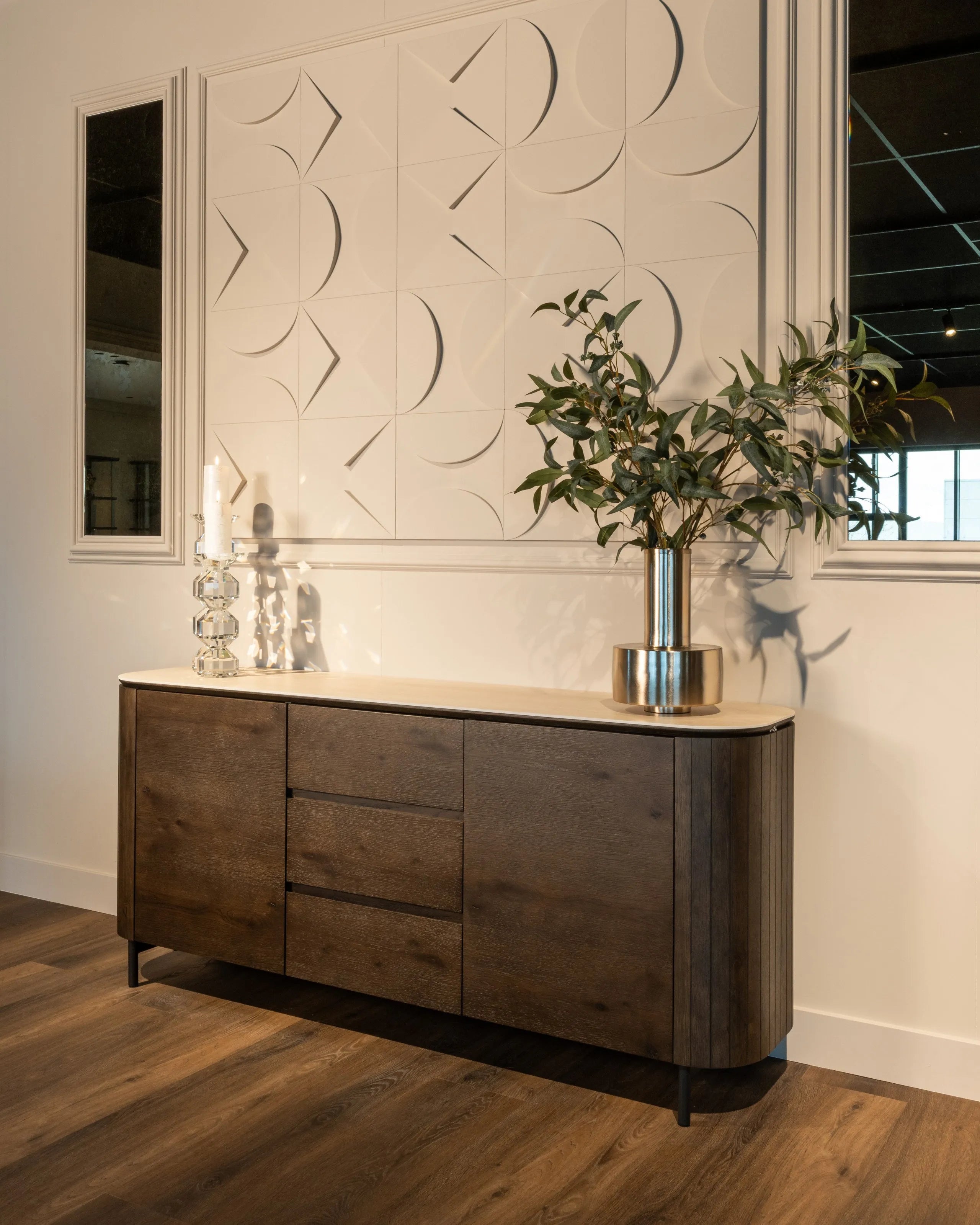 Richmond Interiors Ritz Brown Oak Wood & Beige Travertine Sideboard