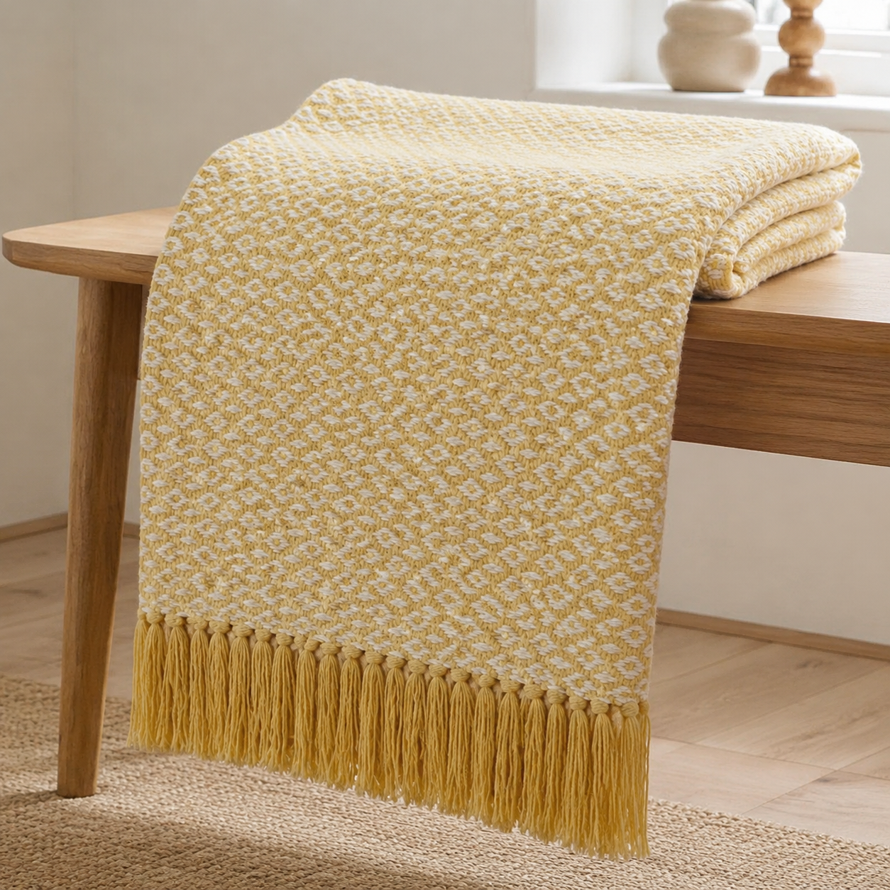 Malini Ansel Buttercup Yellow Cotton Throw 130x180 realistic lifestyle image
