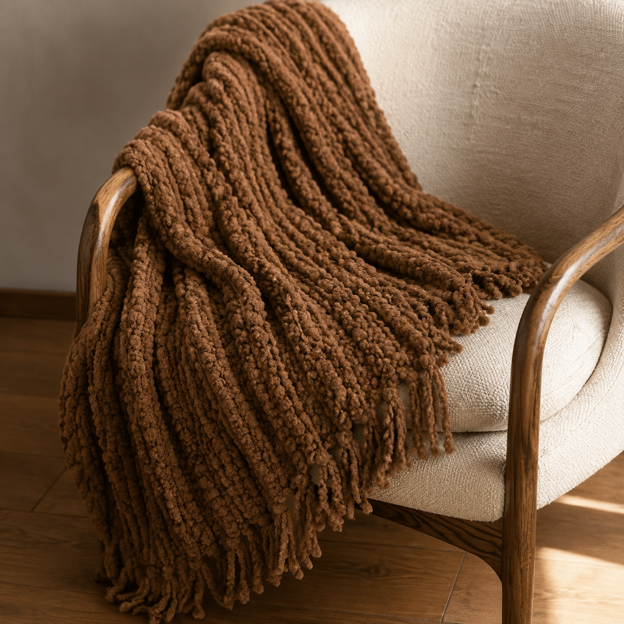 Malini Brixton Chocolate Brown Barley Twist with Tassels Throw realistic lifestyle image
