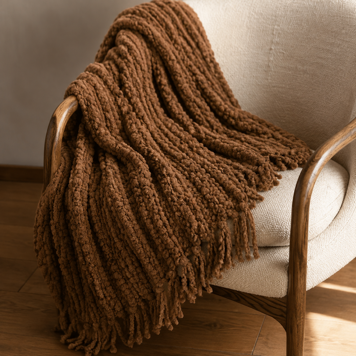 Malini Brixton Chocolate Brown Barley Twist with Tassels Throw realistic lifestyle image
