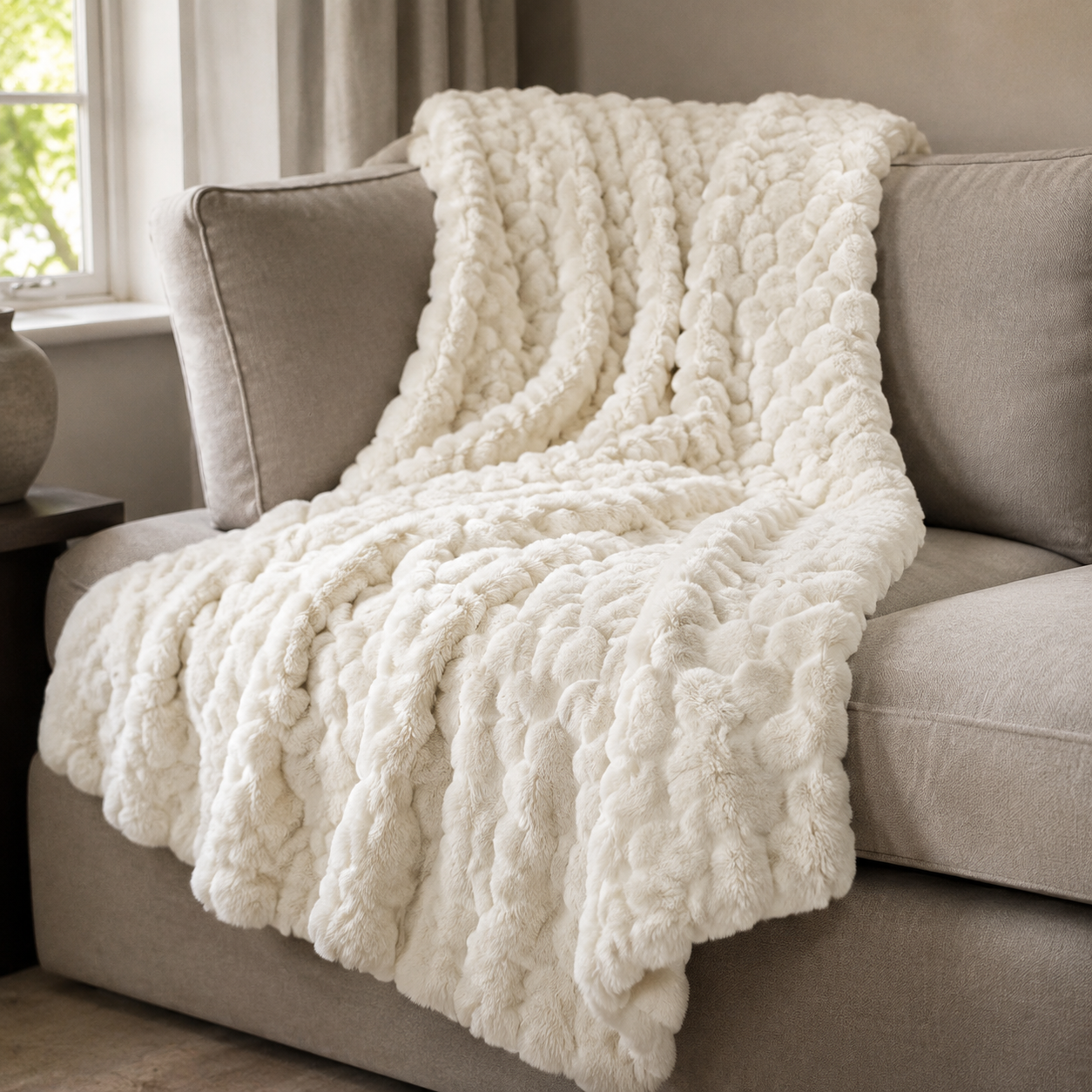 Malini Camberwell Cloud Design Faux Fur Ivory White Throw realistic lifestyle image
