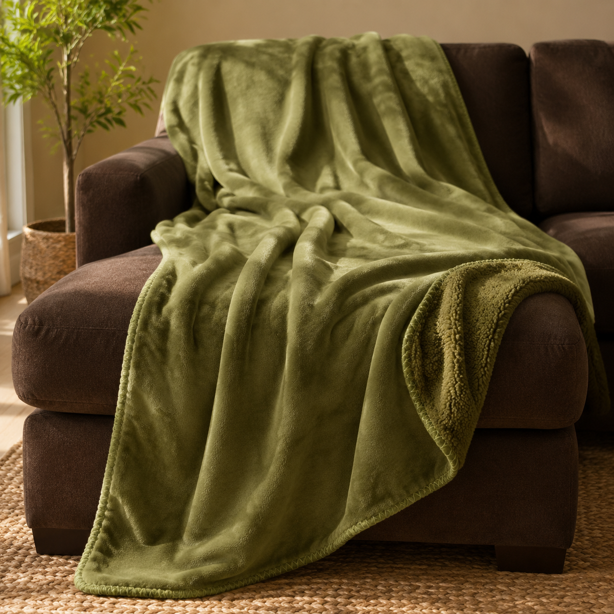 Malini Cosy Softest Fleece Olive Green Throw realistic lifestyle image