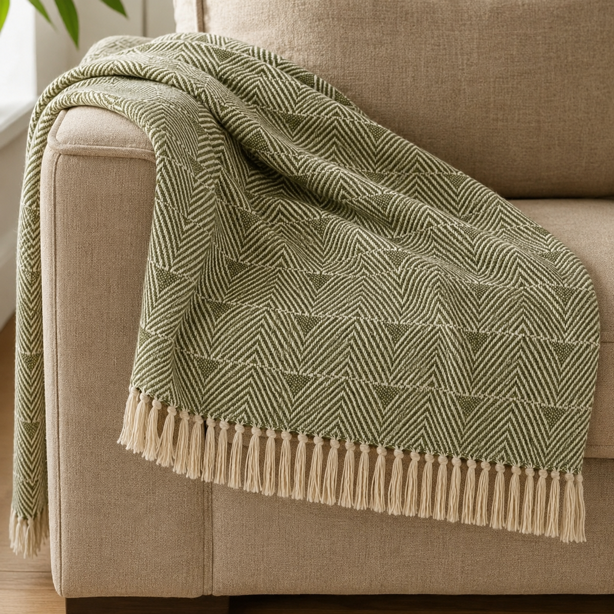 Malini Haven Olive Green Recycled Fabric Throw 130x180 realistic lifestyle image