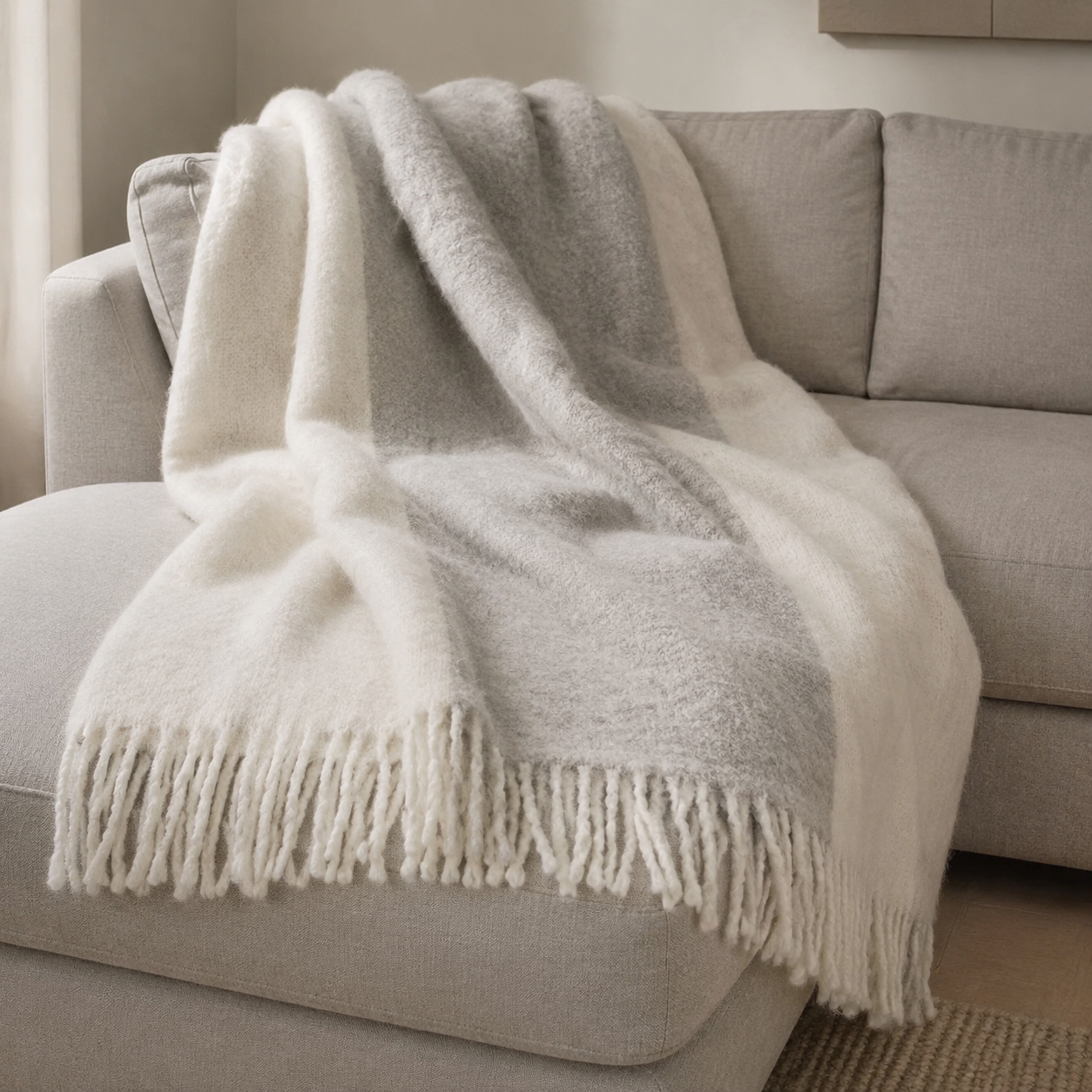 Malini Kalix Faux Mohair Stripe Ivory White/Grey Throw realistic lifestyle image