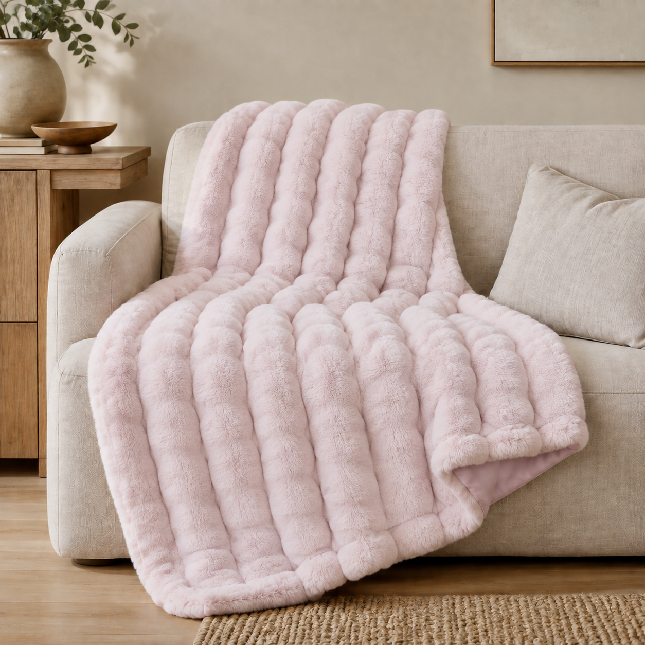 Malini Raffles Baby Pink Faux Fur Throw 150x200 lifestyle image