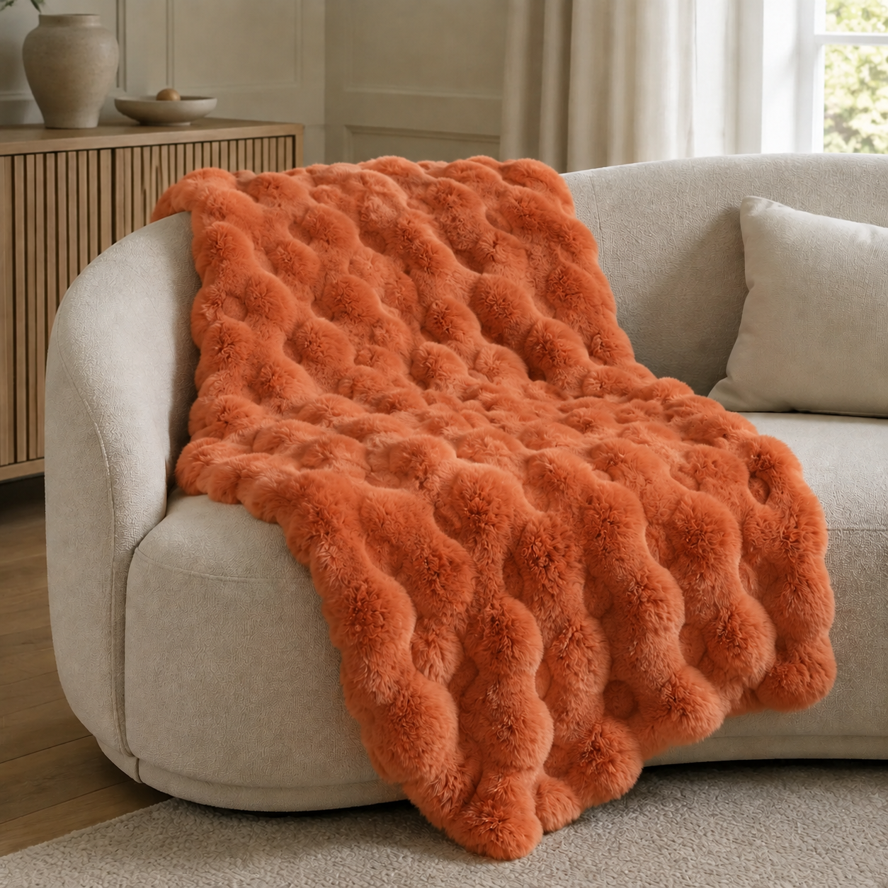 Malini Raffles Orange faux fur throw lifestyle image