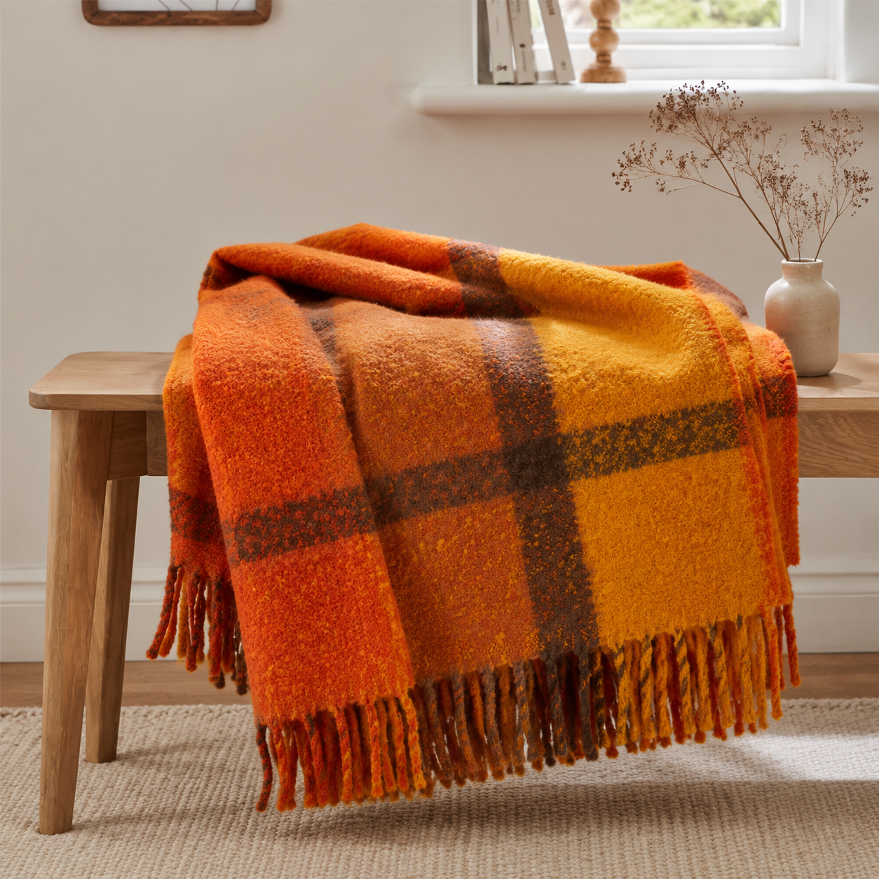 Malini Stanton rust orange plaid throw lifestyle image