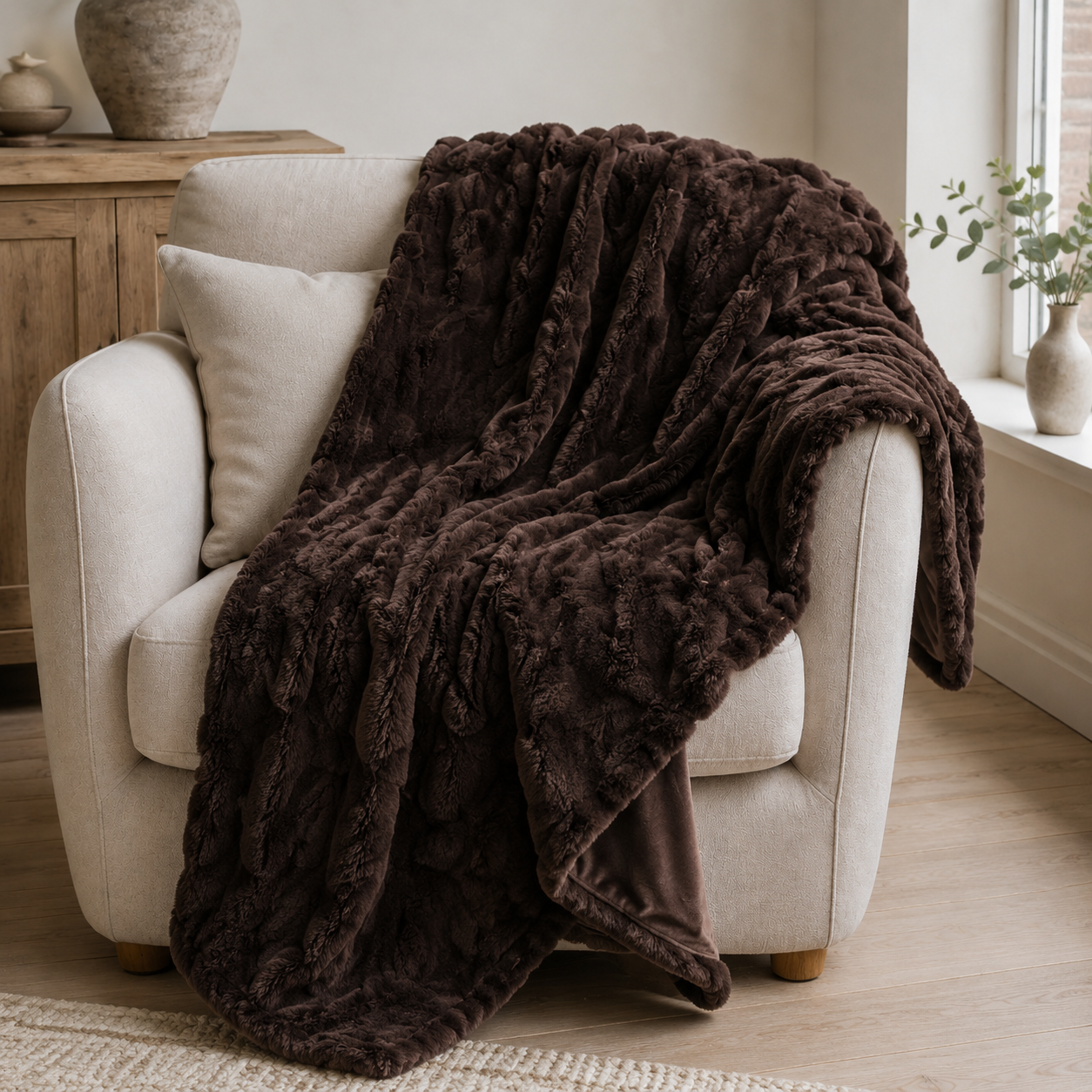 Malini Paul Moneypenny Ziggy Chocolate Brown Faux Fur Throw 130x170 lifestyle image