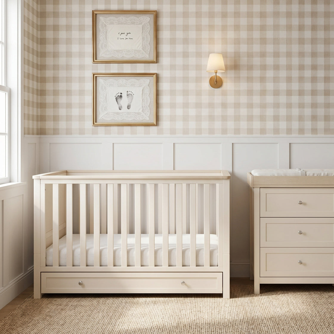 Wanderer Cot Bed Cashmere and Oak lifestyle