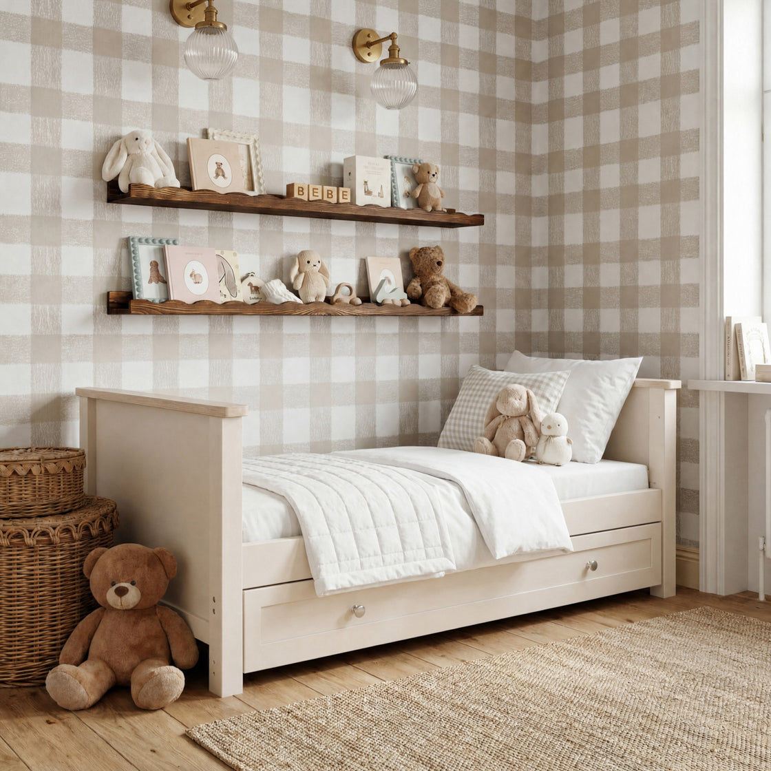 Wanderer Cot Bed Cashmere and Oak lifestyle