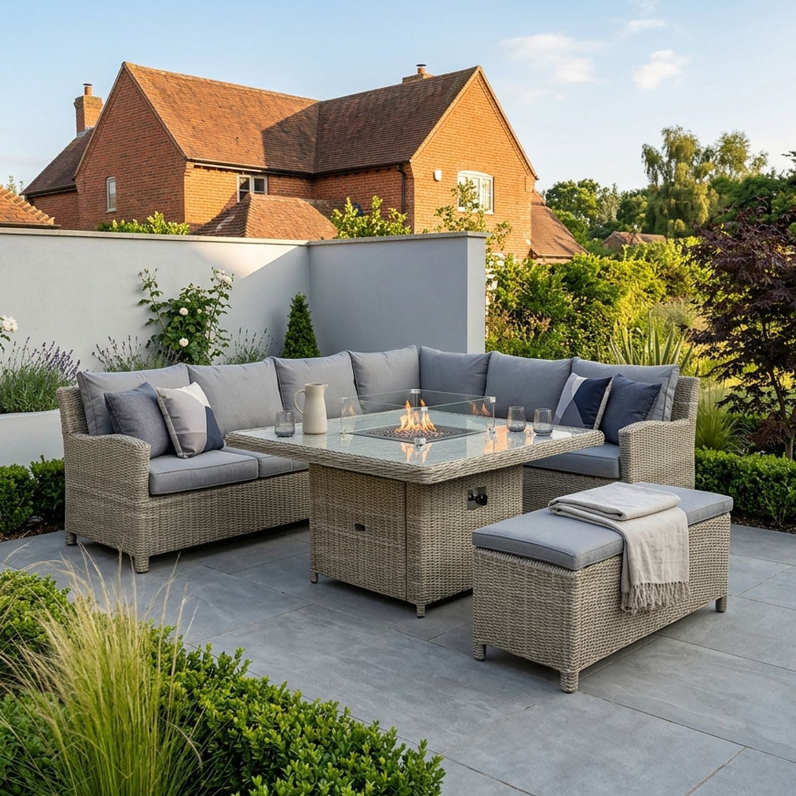 Grayson 8 Seater Grey Rattan  Deluxe Modular Corner Dining & Lounging Set with Square Fire Pit Table