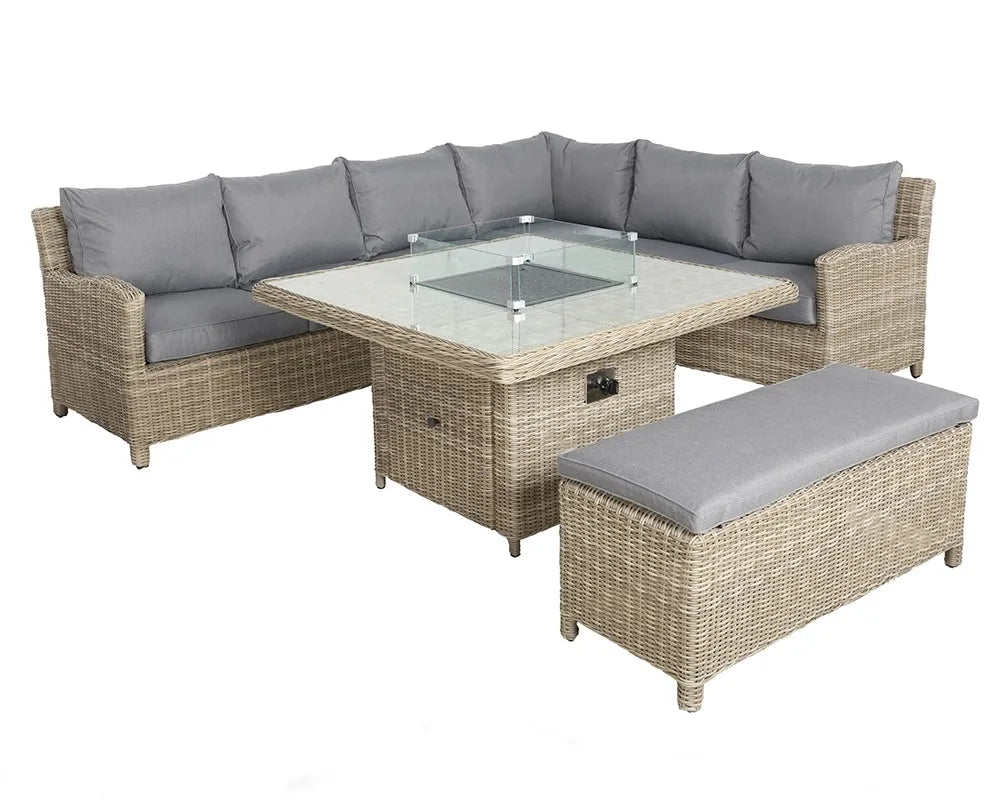 Grayson 8 Seater Grey Rattan  Deluxe Modular Corner Dining & Lounging Set with Square Fire Pit Table