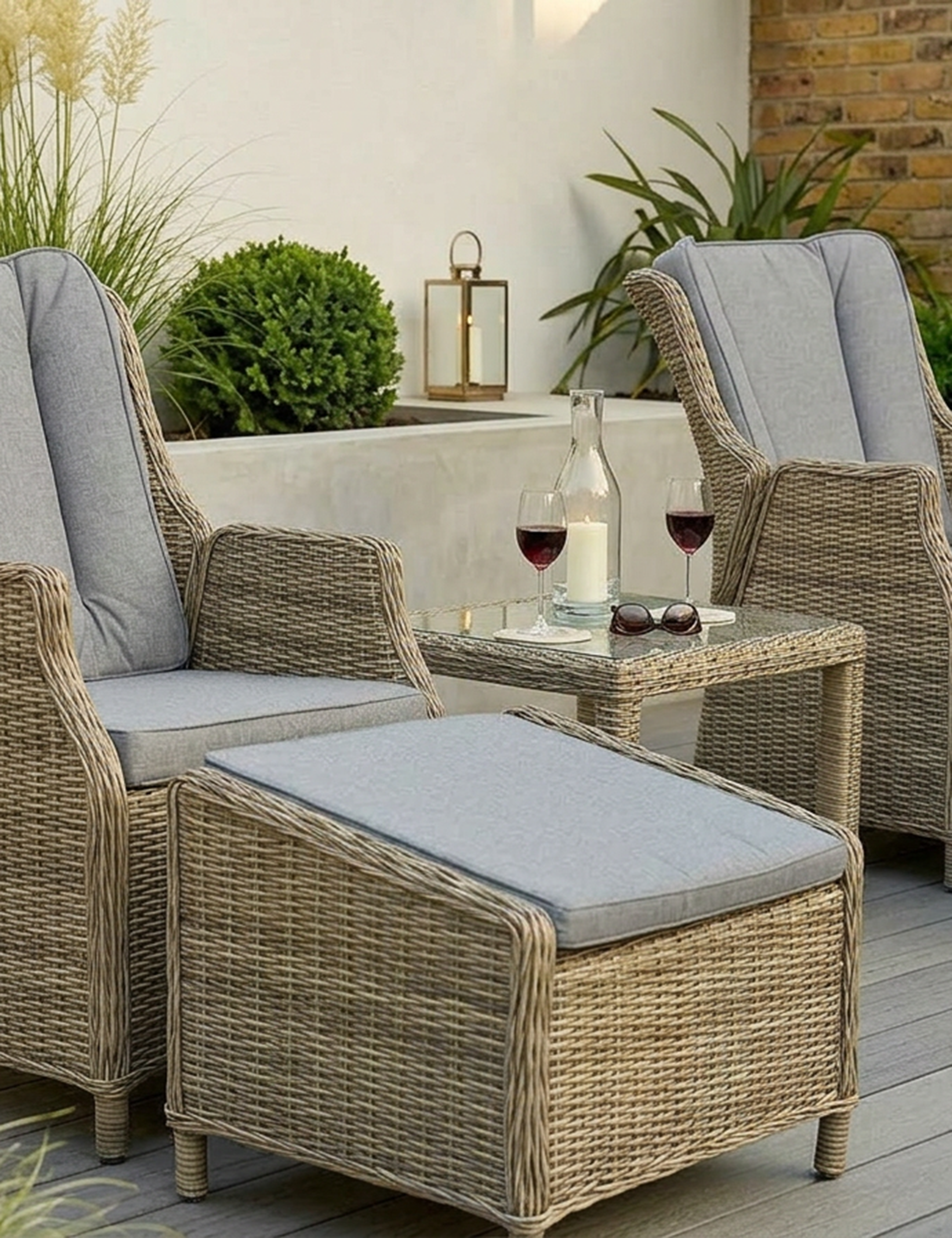 Grayson 2 Seater Grey Rattan Recliner Sunlounger Set