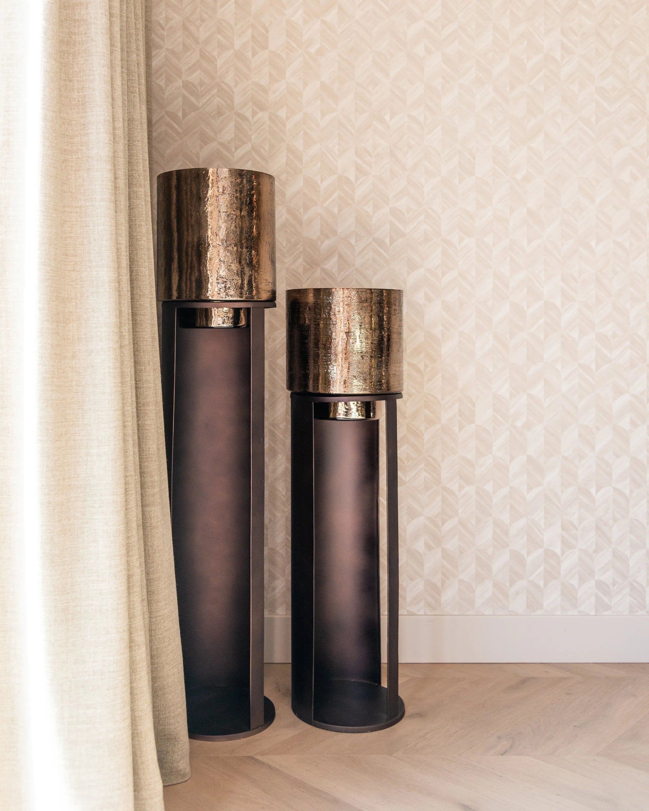 Richmond Interiors Dane Gold & Metallic Brown Floor Standing Hurricane Candle Holder Large