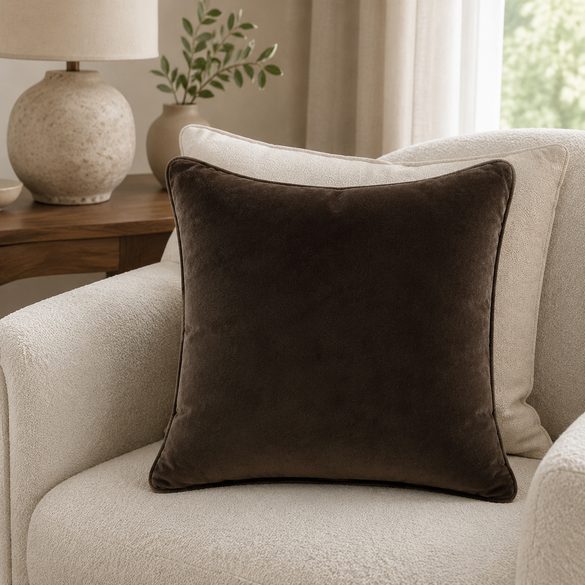 Malini Luxe chocolate brown velvet 56x56 cushion styled on a light neutral armchair