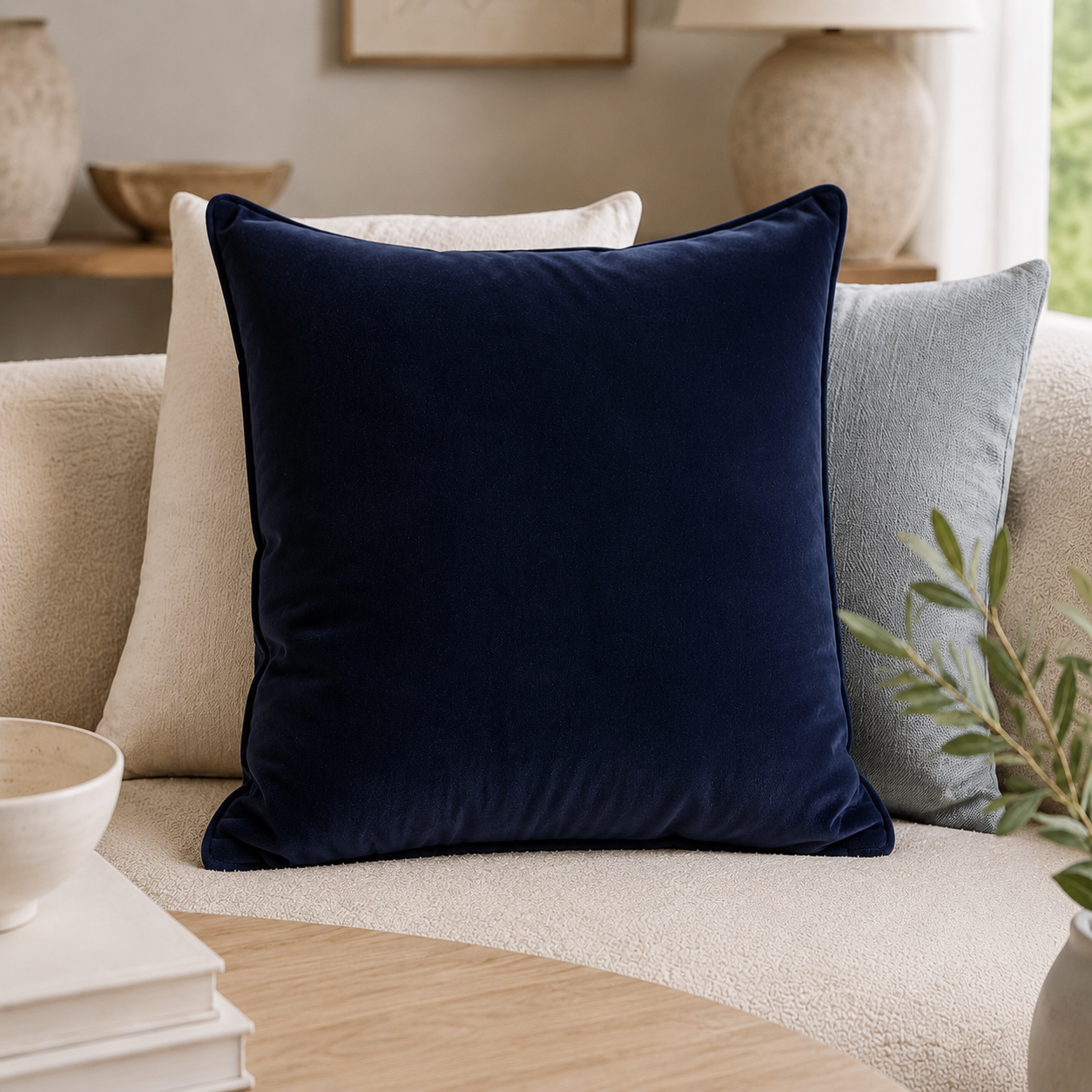 Malini Luxe Navy 56x56 velvet cushion styled on a light neutral sofa