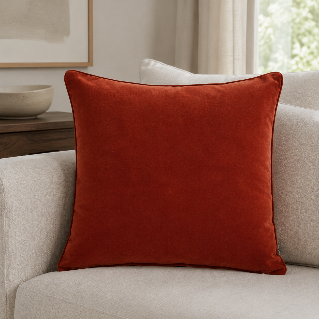 Lifestyle image of Malini Luxe Paprika cushion