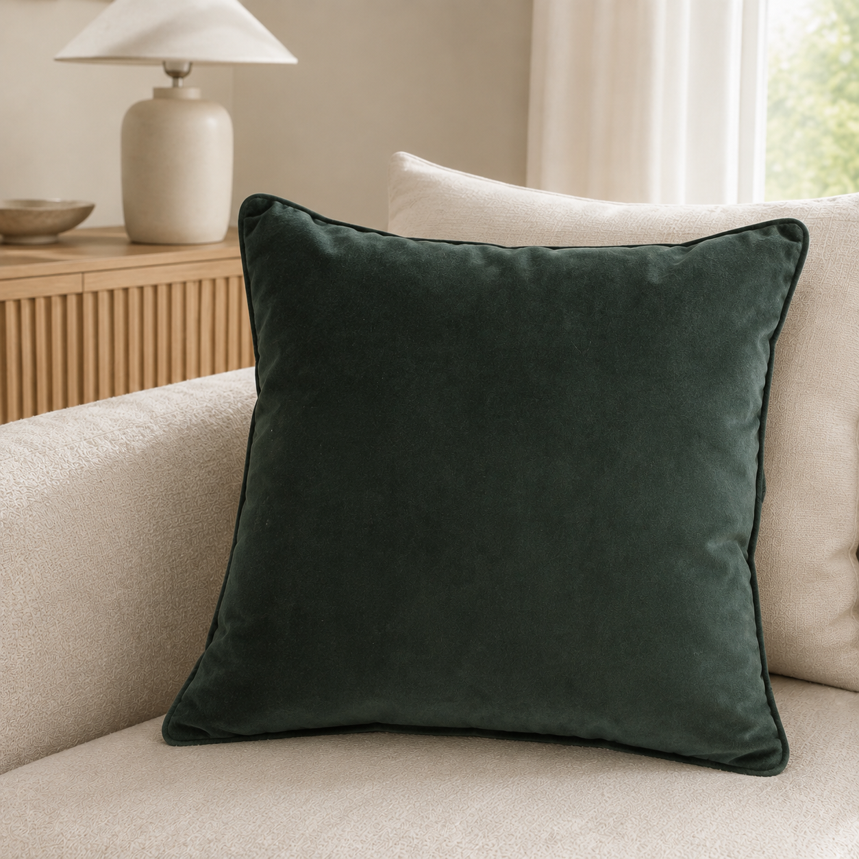 Malini Luxe Pine Green Velvet Square Cushion 56x56 lifestyle image