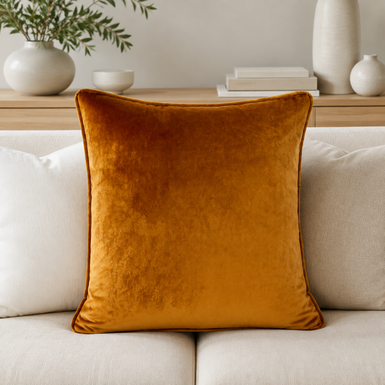 Malini Luxe Tan 56x56 velvet cushion styled on a light neutral sofa