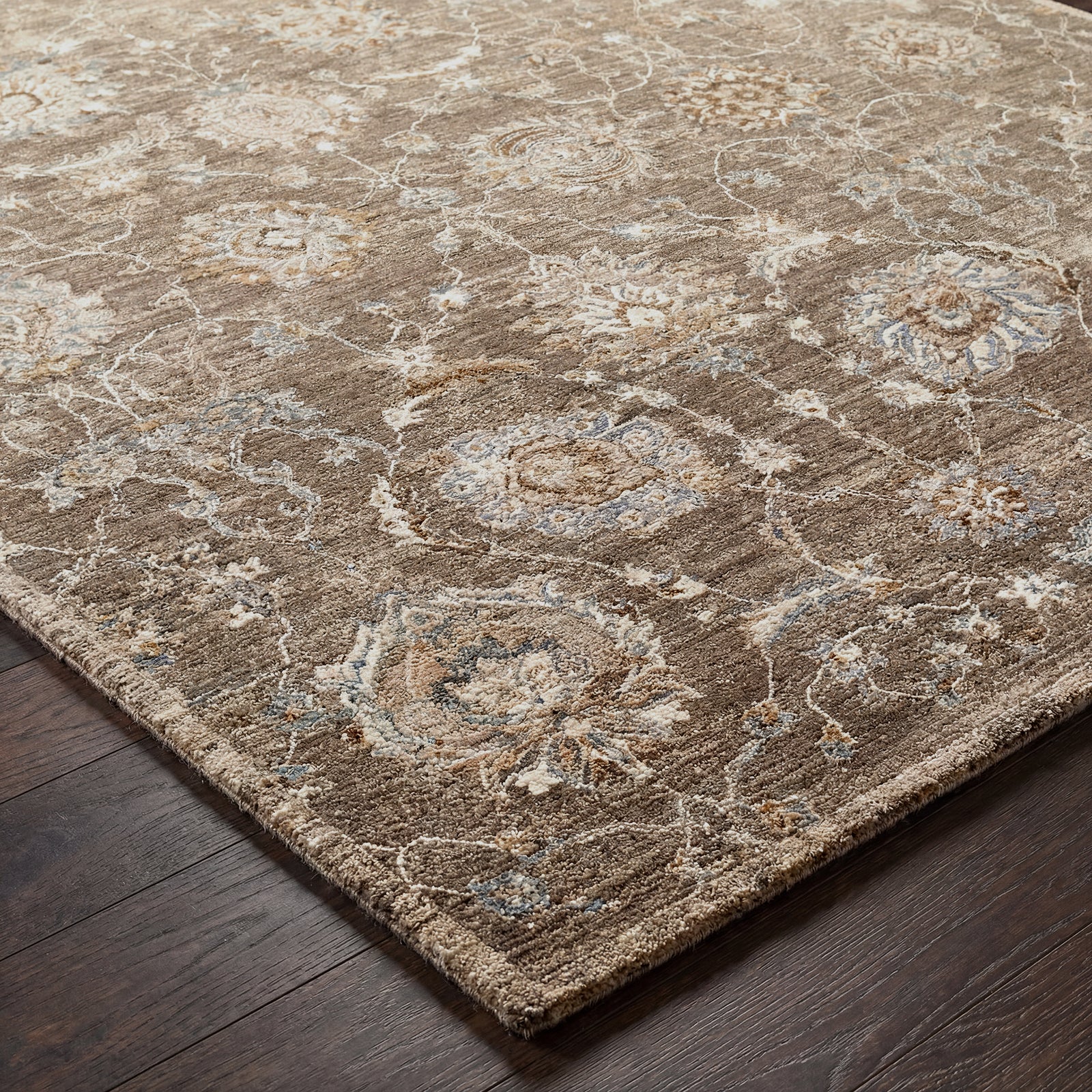 Arda Vintage Traditional Brown & Charcoal Polyester Rug 152x225cm - corner detail