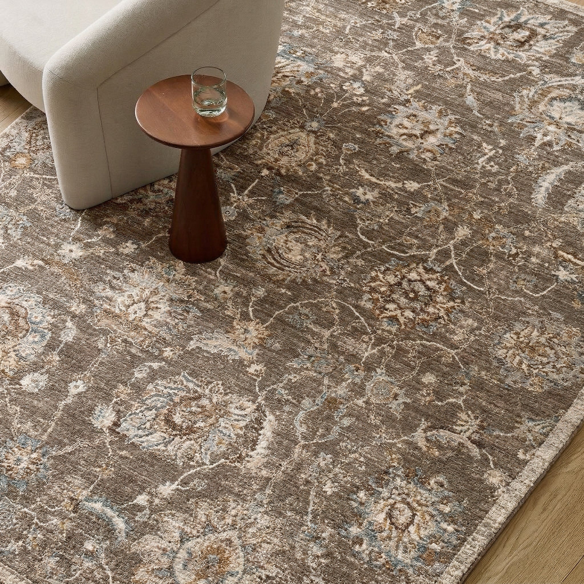 Arda Vintage Traditional Brown & Charcoal Polyester Rug 200x290cm - styled detail