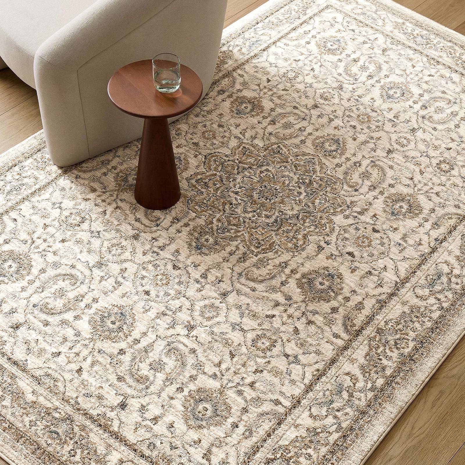Arda Vintage Traditional Brown & Light Grey Polyester Rug 152x225cm - styled detail