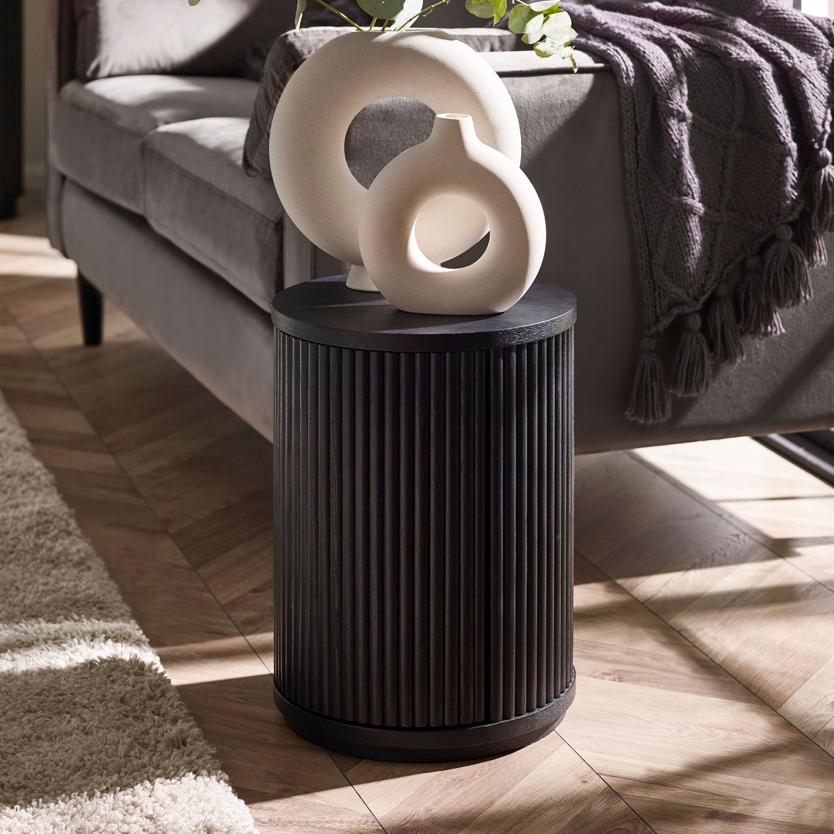Como Reeded Black Wood Side Table With Door