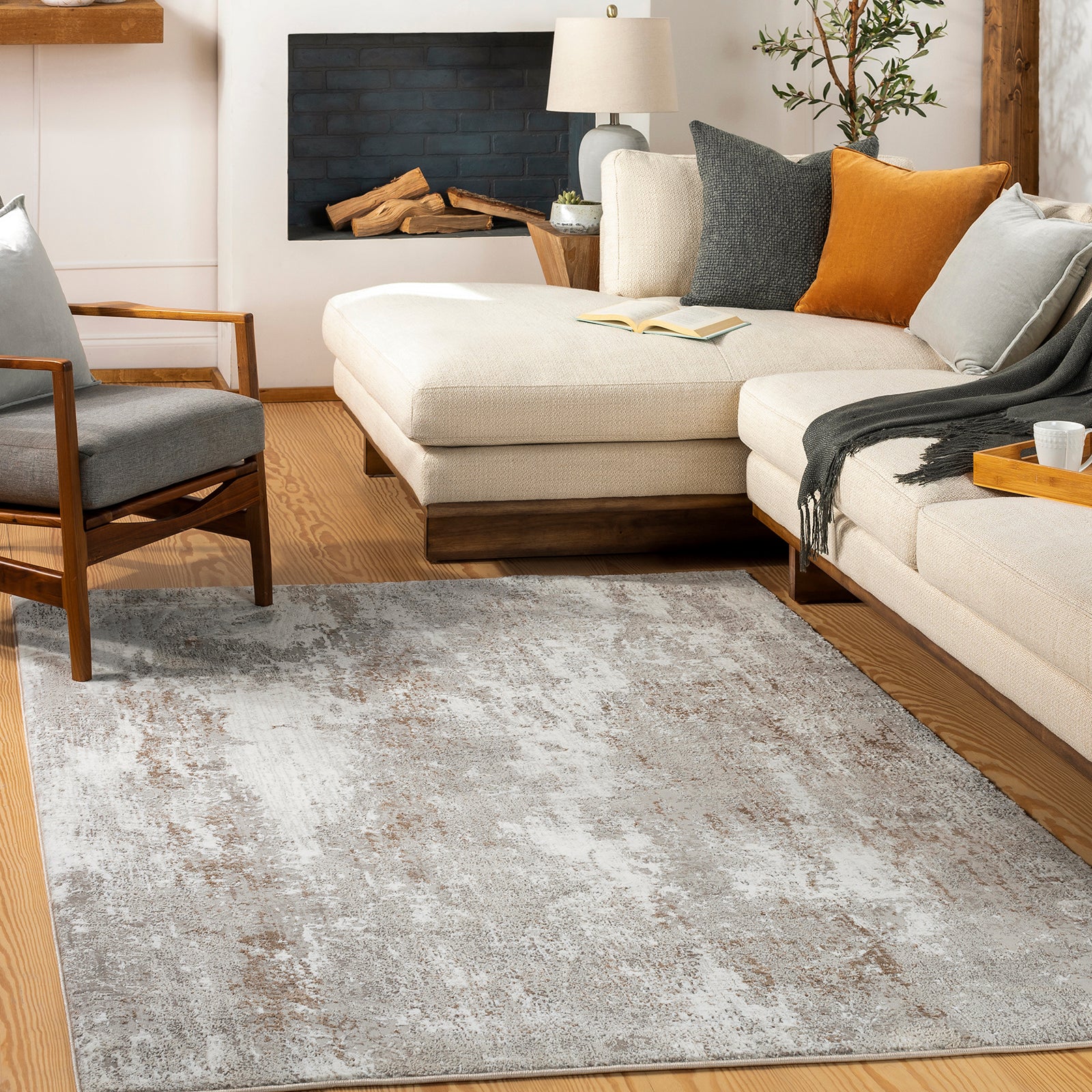 Allegro Abstract Modern Marble Beige & Ivory & Light Grey Polyester Rug 160x213cm - room setting