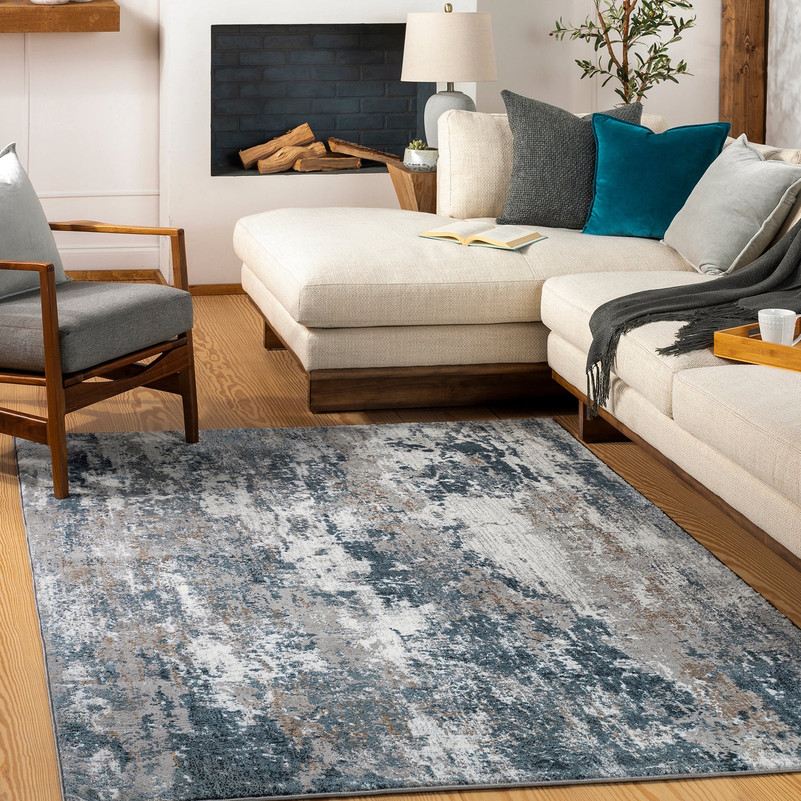 Allegro Abstract Modern Marble Blue & Ivory & Sky Blue Polyester Rug 160x213cm - room setting