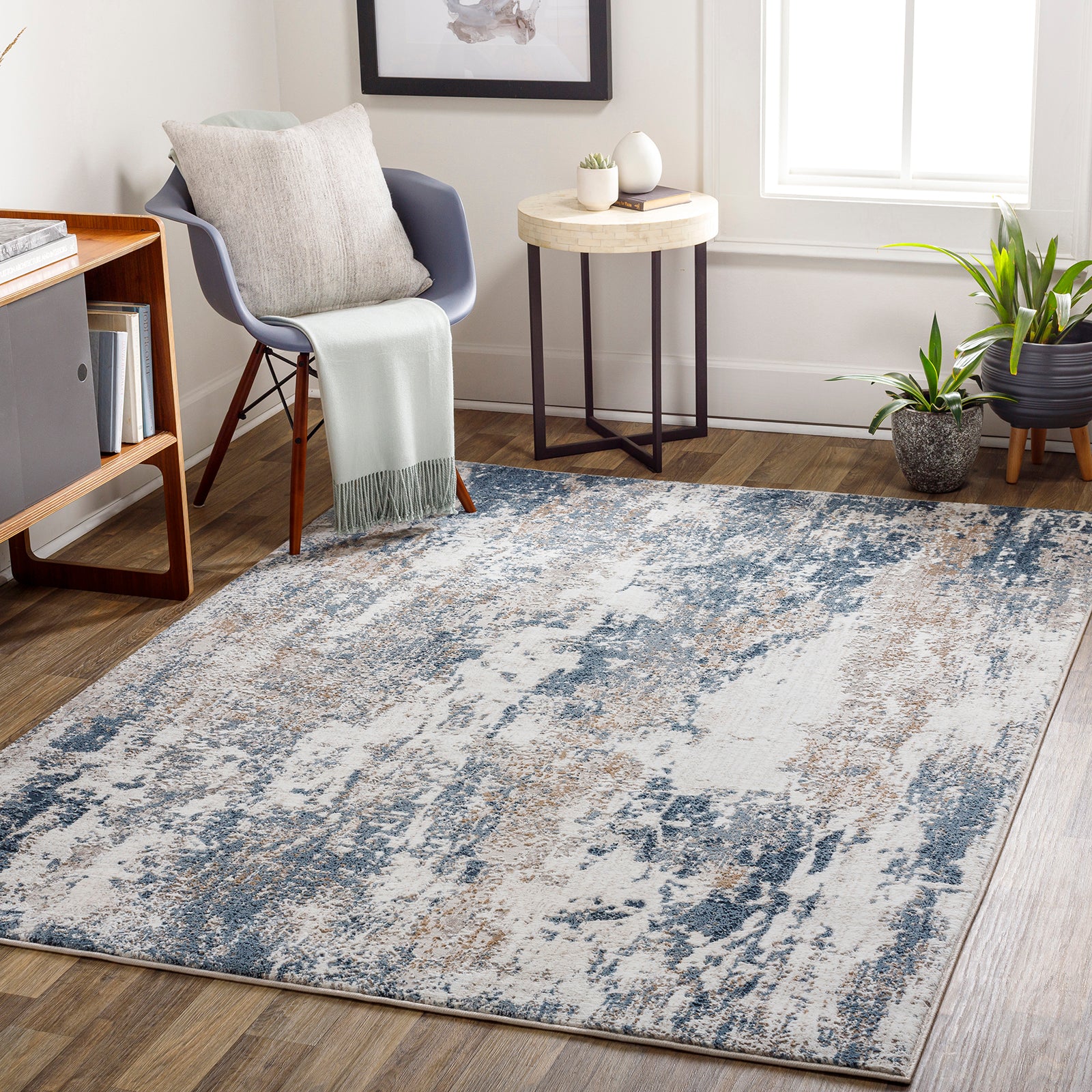 Allegro Abstract Modern Marble Cream & Ivory Polyester Rug 160x213cm - room setting
