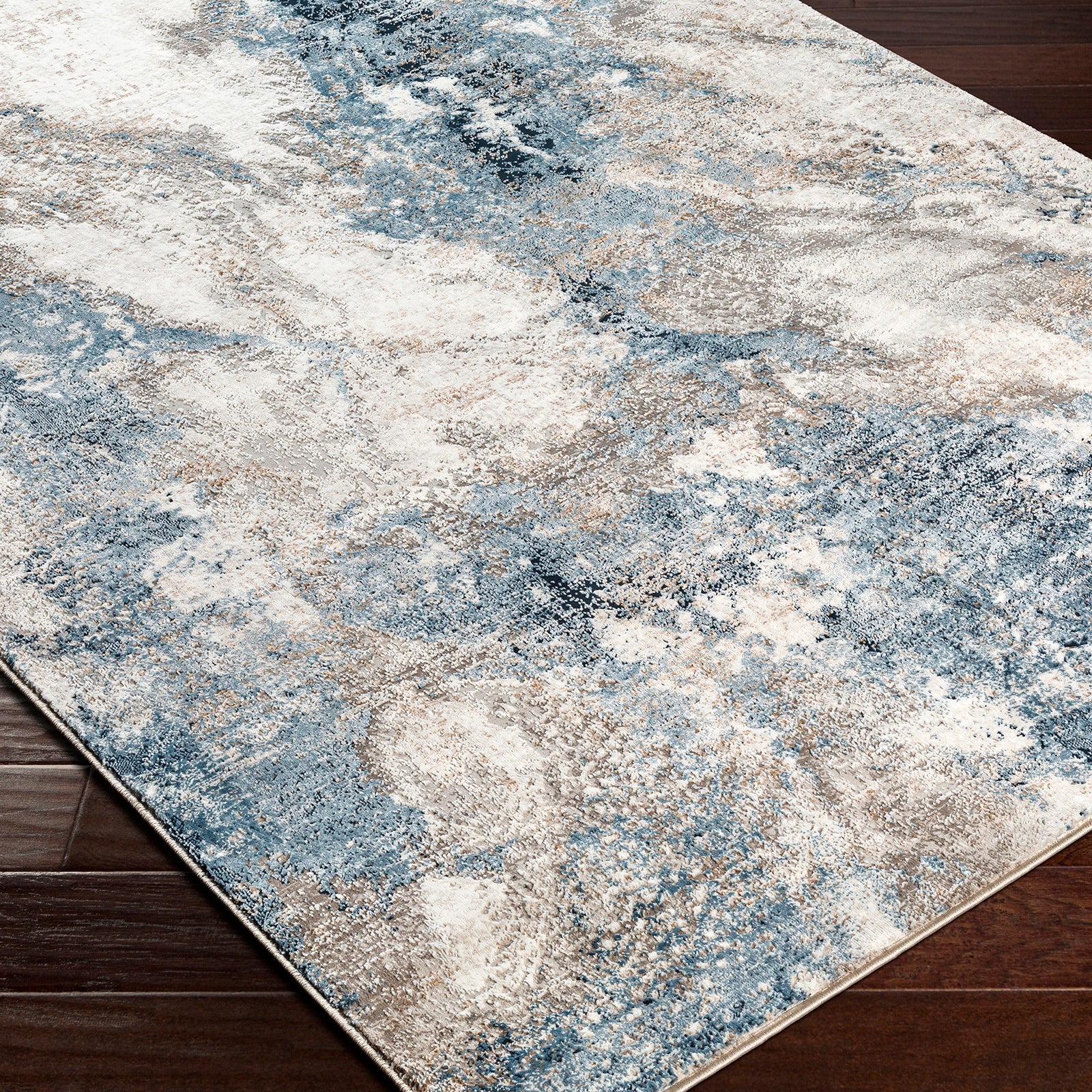 Allegro Abstract Modern Marble Blue & Ivory & Sky Blue Polyester Rug 200x275cm - corner detail