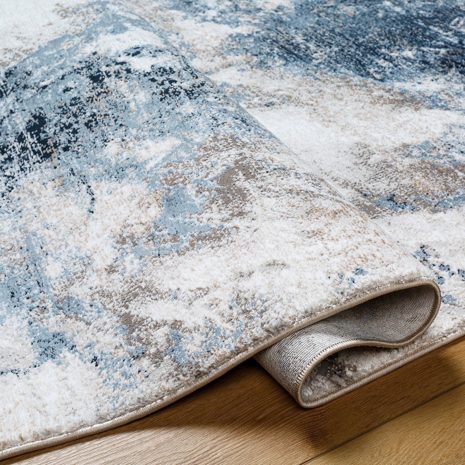 Allegro Abstract Modern Marble Blue & Ivory & Sky Blue Polyester Rug 200x275cm - folded detail