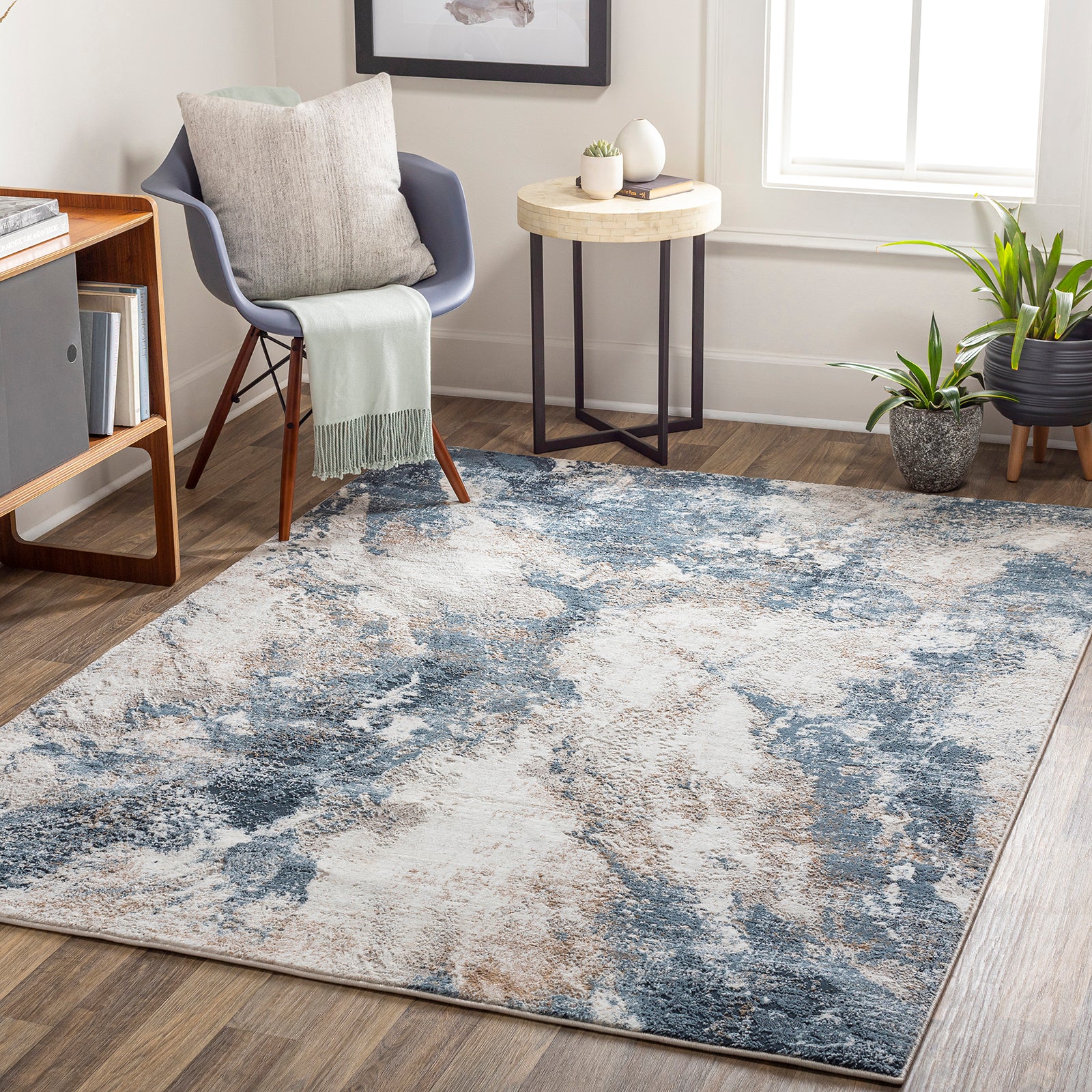Allegro Abstract Modern Marble Blue & Ivory & Sky Blue Polyester Rug 200x275cm - room setting