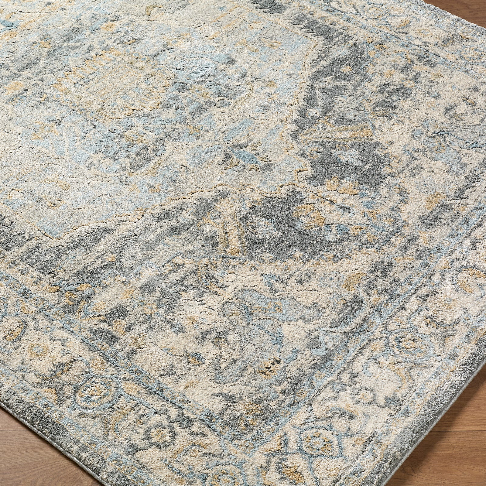 Avellino Vintage Traditional Boho High Pile Blue & Light Beige & Light Grey Polypropylene & Polyester Rug 160x213cm - corner detail