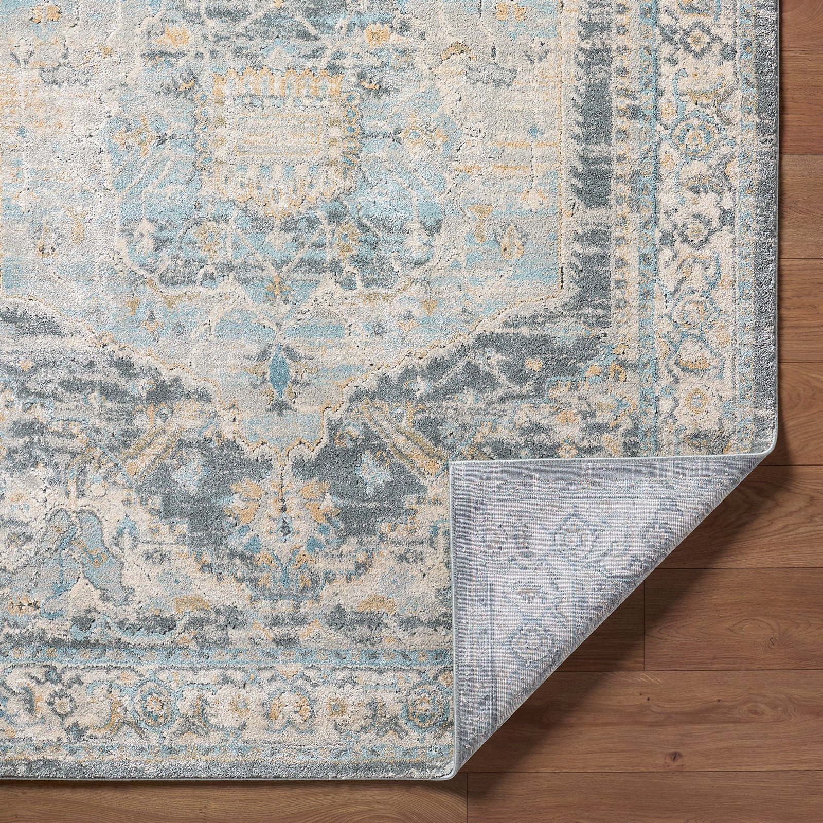 Avellino Vintage Traditional Boho High Pile Blue & Light Beige & Light Grey Polypropylene & Polyester Rug 200x280cm - folded detail