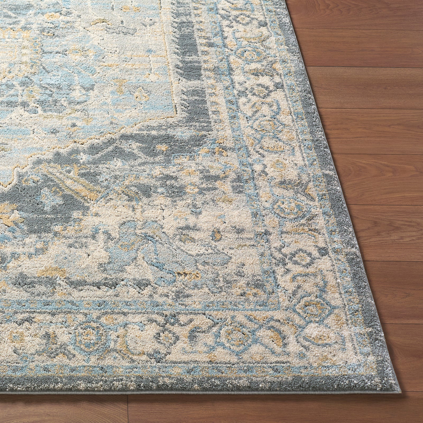 Avellino Vintage Traditional Boho High Pile Blue & Light Beige & Light Grey Polypropylene & Polyester Rug 160x213cm - front view